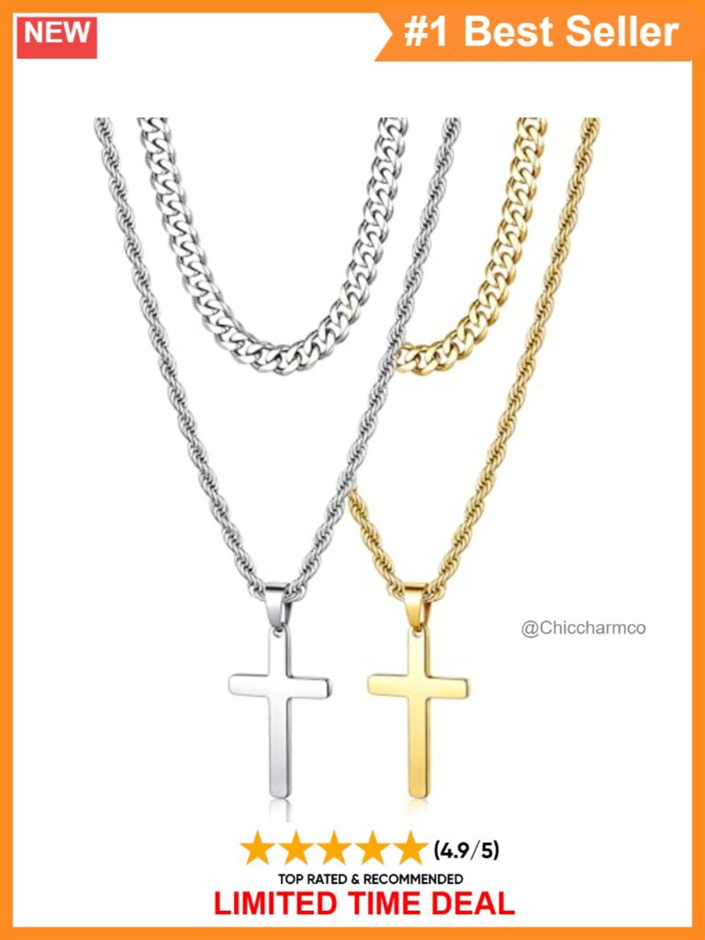 Mens Stainless Steel Cross Necklace Set 20in 22in Waterproof